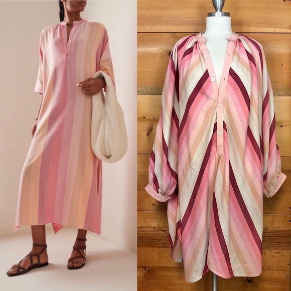 Marrakshi Life pink stripe tunic dress beachy flowy boho long sleeve kaftan
